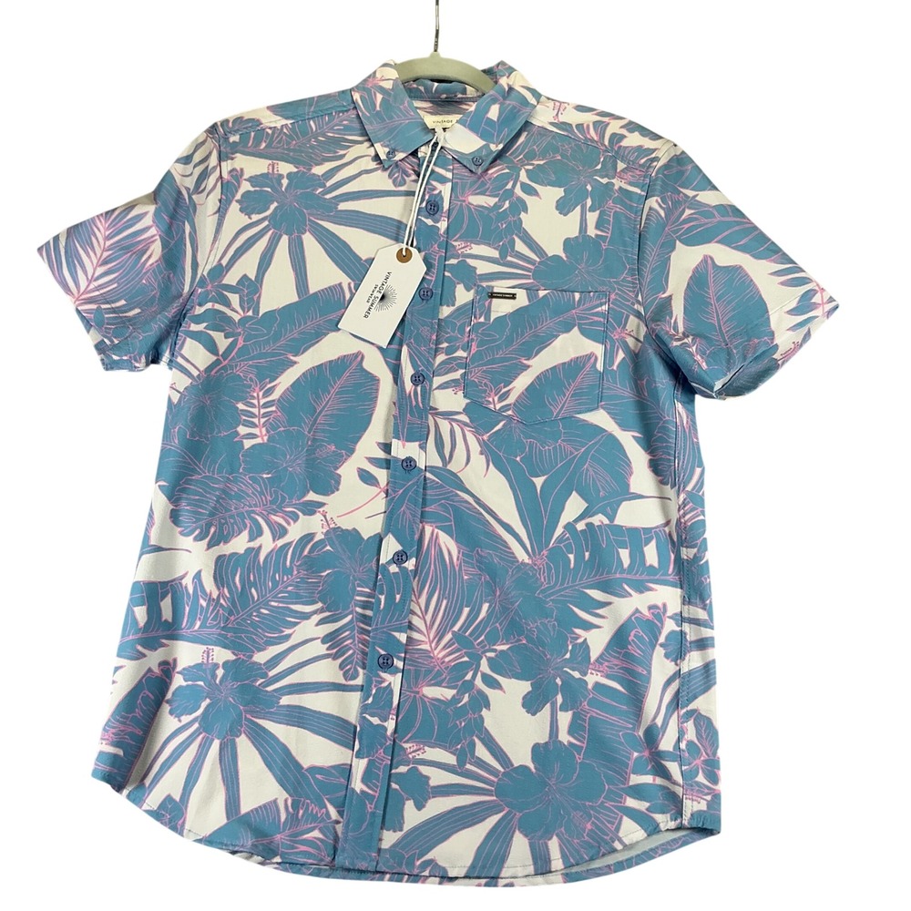 Vintage Summer Mens Vacay Print Shirt S Blue Pink Tropical Floral Stretch V61505